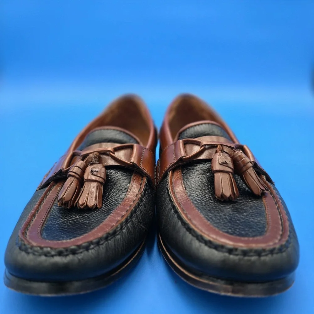 Florsheim Men Loafers Tassel Sz 10.D Leather Black Pebble-Grain Brown Trim Shoes